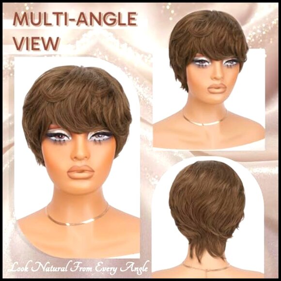 Short Layered Wavy Human Hair Wig Glueless Pixie Cut with Bangs Natural
